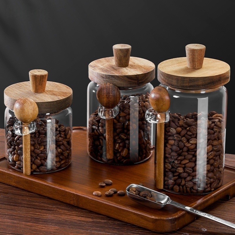 Food Storage Glass Container Set - ABJI-Glasbehälter mit Holzdeckeln und Löffel, 13