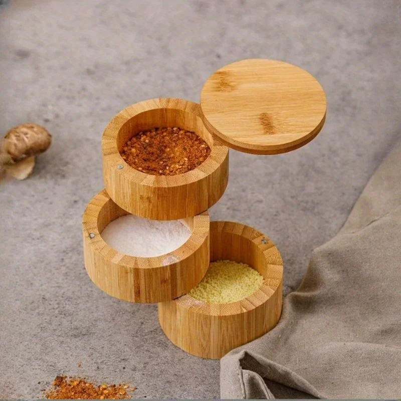 Herb Keeper Container - Umweltfreundliche Küchenprodukte Bambus-Holz Dreifach-Salz- und Gewürzaufbewahrungsbox