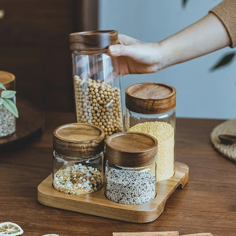 Food Storage Glass Container Set - Holzdeckel Orgnizer Glas luftdicht Kanister Küche