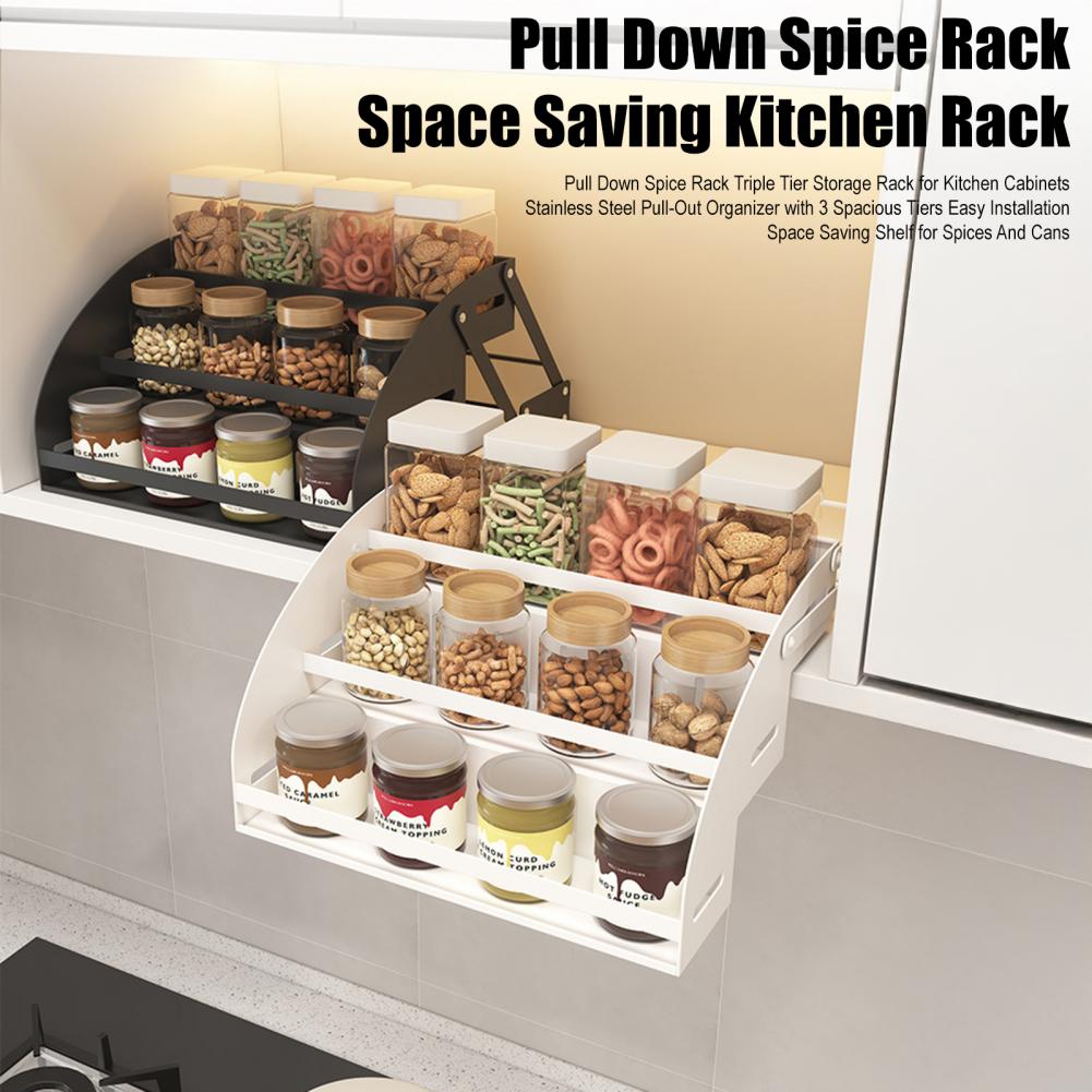 Food Storage Without Plastic - Dreistufiger Gewürzorganizer, 3-stufiges, herunterziehbares Gewürzregal, Unterschrank-Aufbewahrungsregal,